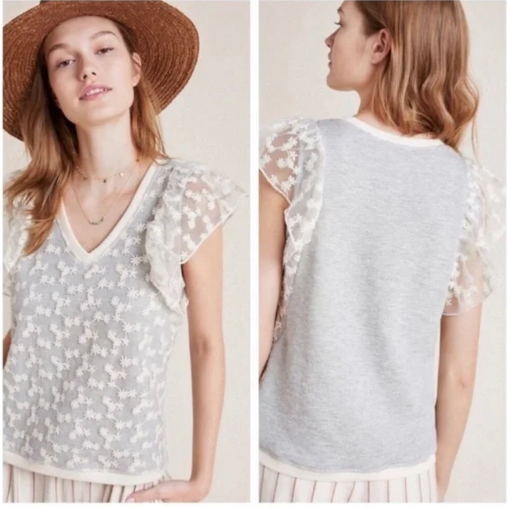 Anthropologie Amadi Floral Blouse Top Flutter Sleeves Sheer Textured Cream XS